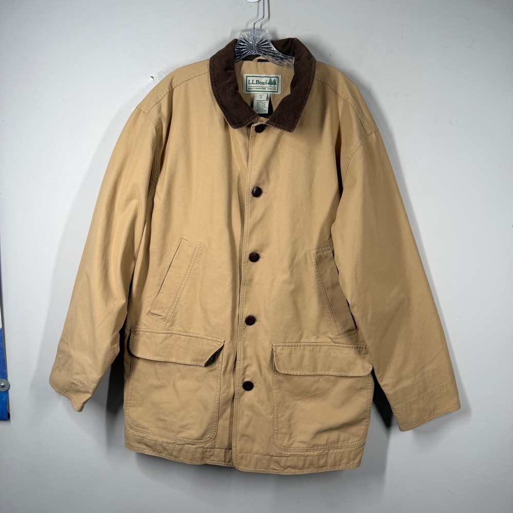 LL Bean Mens Field Coat XL Tan Cotton Canvas Barn Jacket Corduroy Collar 0BGW5